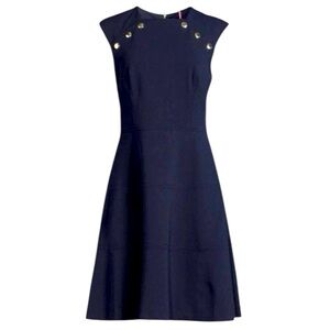 Tommy Hilfiger Navy Blue A-Line Dress Gold Zipper Buttons